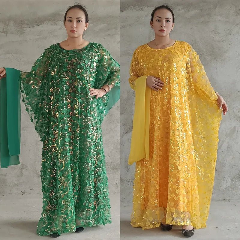 3PCS African Dresses for Women Muslim Sequins Flower Abaya Kaftan Moroccan Caftan Dashiki Robe Ankara Traditional Boubou Dress - Free Delivery Worldwide only at Flexi Africa