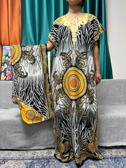 Women Print Appliques Cotton Traditional Kanga Clothing Loose Femme Robe African Nigeria Dresses With Turban - Flexi Africa - Flexi Africa offers Free Delivery Worldwide - Vibrant African traditional clothing showcasing bold prints and intricate designs