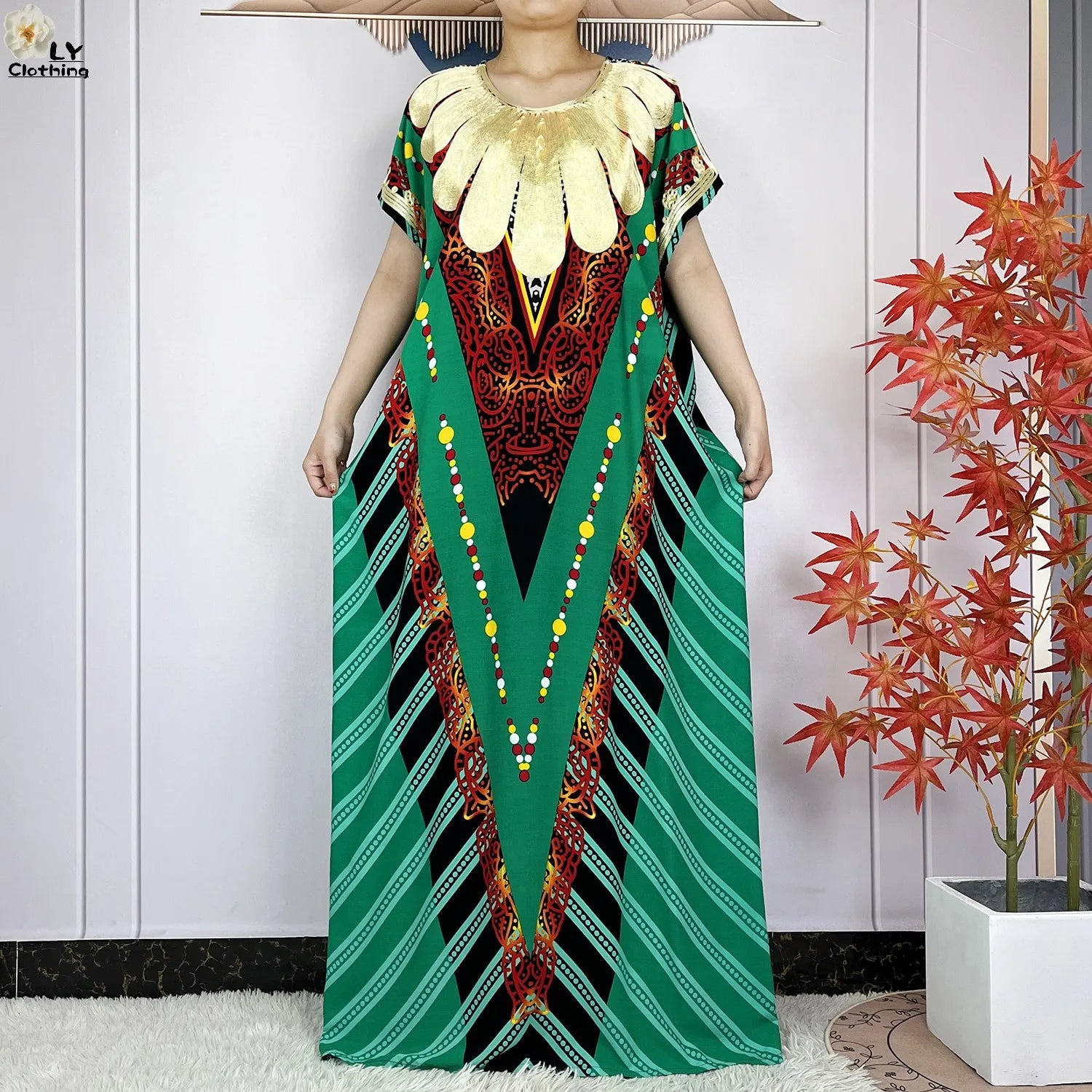 Elegant African Style Cotton Abaya Dress for Women with Patterned Print - Loose Fit Short Sleeve Muslim Rob