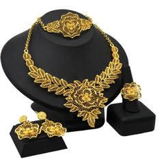 Gold-Plated Jewelry Set: Exquisite 24K Gold-Colored Necklace and Earrings for African Bridal Wear at Nigerian Wedding