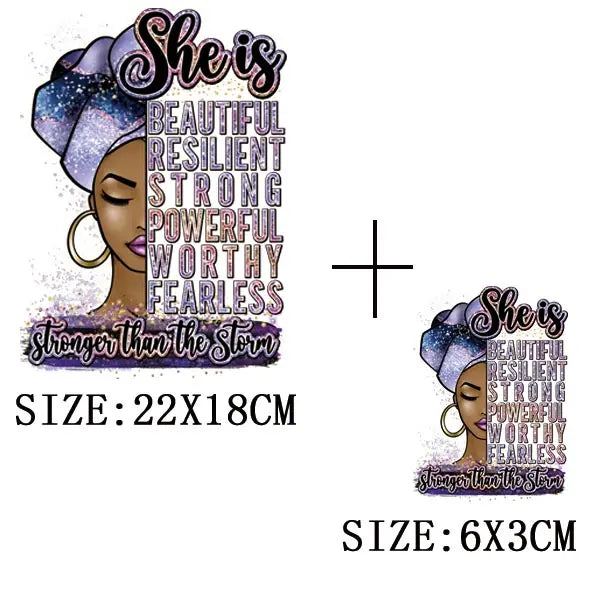 Black Queen Iron - On Heat Transfer: Glitter African Lady Applique for T-Shirts, Hoodies, and Clothing - Free Delivery Worldwide only at Flexi Africa