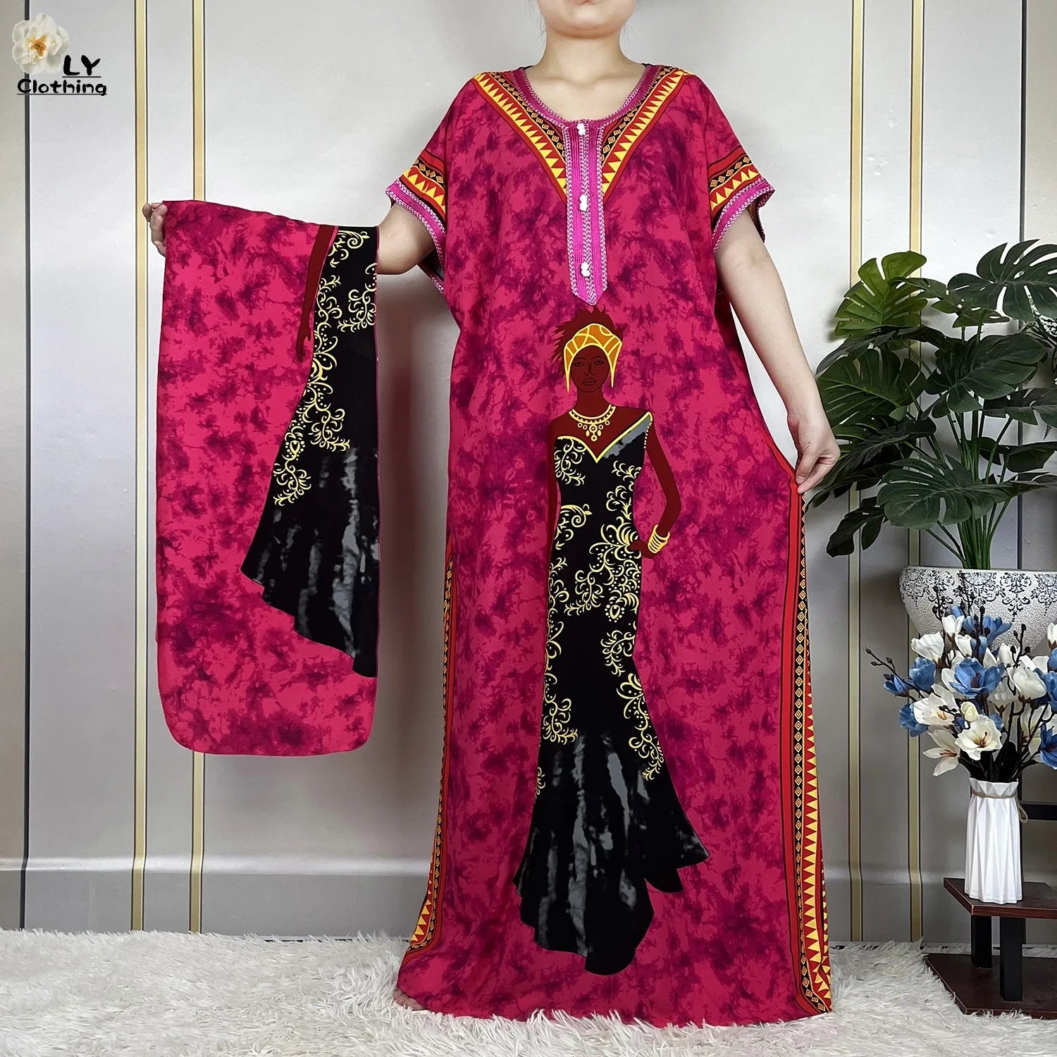 Elegant African Style Cotton Abaya Dress for Women with Patterned Print - Loose Fit Short Sleeve Muslim Rob