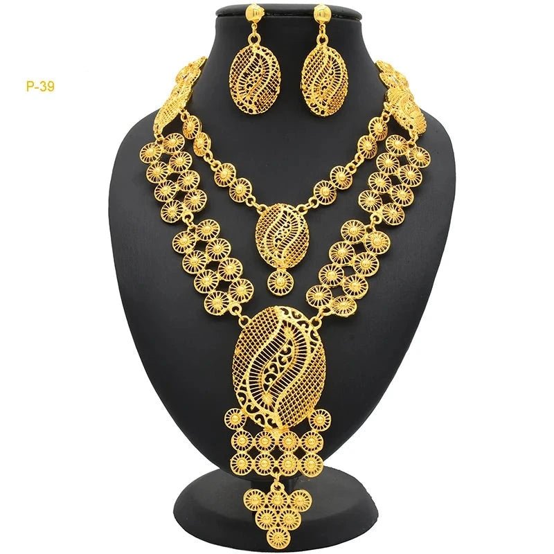 African Bridal Wedding Party Jewelry Set: Gold-Colored Necklace, Earrings, and Big Pendant Ensemble - Flexi Africa - Flexi Africa offers Free Delivery Worldwide - Vibrant African traditional clothing showcasing bold prints and intricate designs