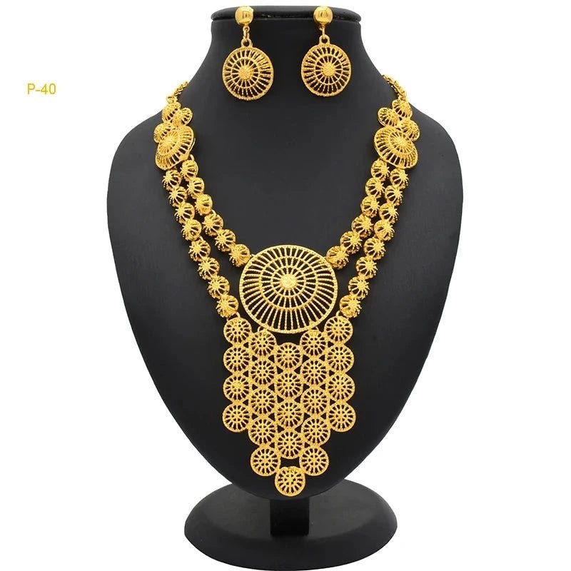 African Bridal Wedding Party Jewelry Set: Gold-Colored Necklace, Earrings, and Big Pendant Ensemble - Flexi Africa - Flexi Africa offers Free Delivery Worldwide - Vibrant African traditional clothing showcasing bold prints and intricate designs