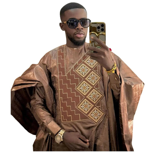 African Clothes For Man Bazin Riche Embroidery Design Top Long Sleeve - Free Delivery Worldwide only at Flexi Africa