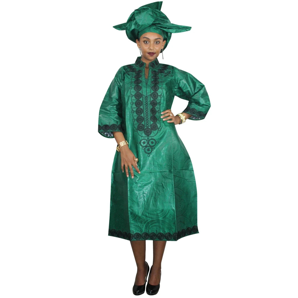 African Dresses For Woman Baizn Riche Embroidery Middle Dress With Scarf - Free Delivery Worldwide only at Flexi Africa