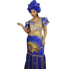 African Dresses for Women – Fashionable Long Dress with Embroidery Design & Matching Scarf - Free Delivery Worldwide only at Flexi Africa