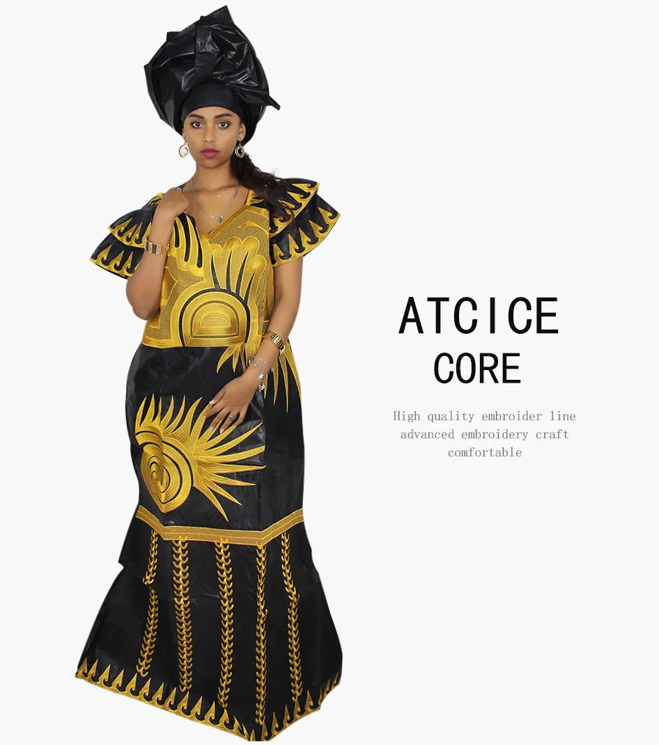 African Dresses for Women – Fashionable Long Dress with Embroidery Design & Matching Scarf - Free Delivery Worldwide only at Flexi Africa