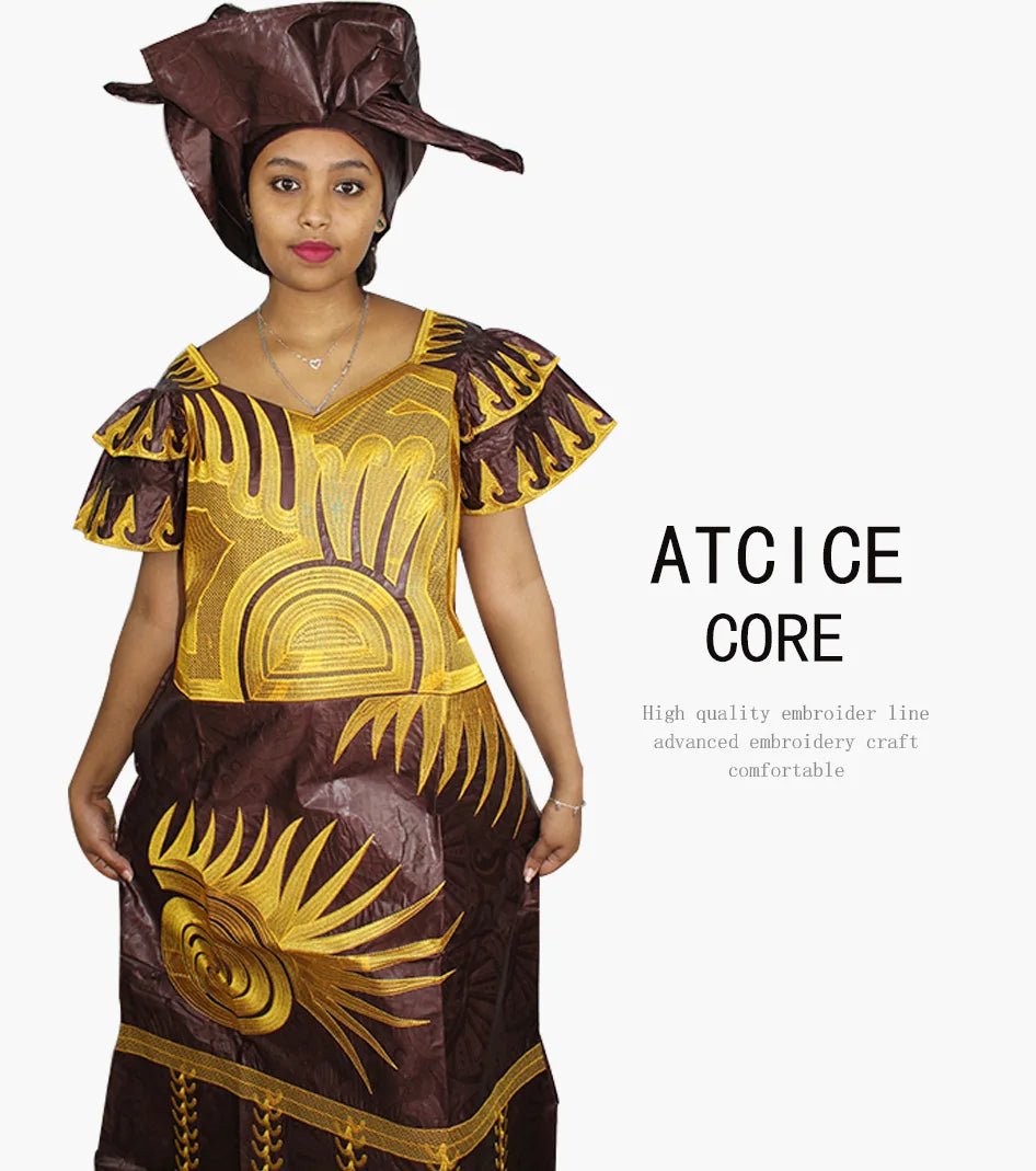 African Dresses for Women – Fashionable Long Dress with Embroidery Design & Matching Scarf - Free Delivery Worldwide only at Flexi Africa