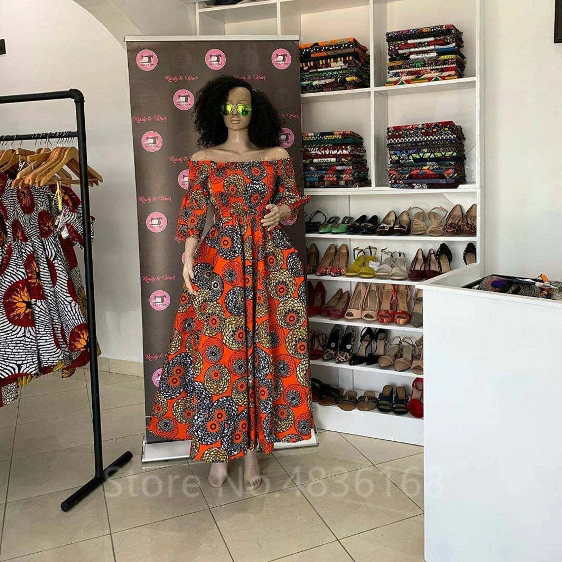 African National Print Party Dress Women Casual Sexy Slash - neck Lady Maxi Dress New Vintage Long - sleeved Loose Elegant Dresses - Free Delivery Worldwide only at Flexi Africa