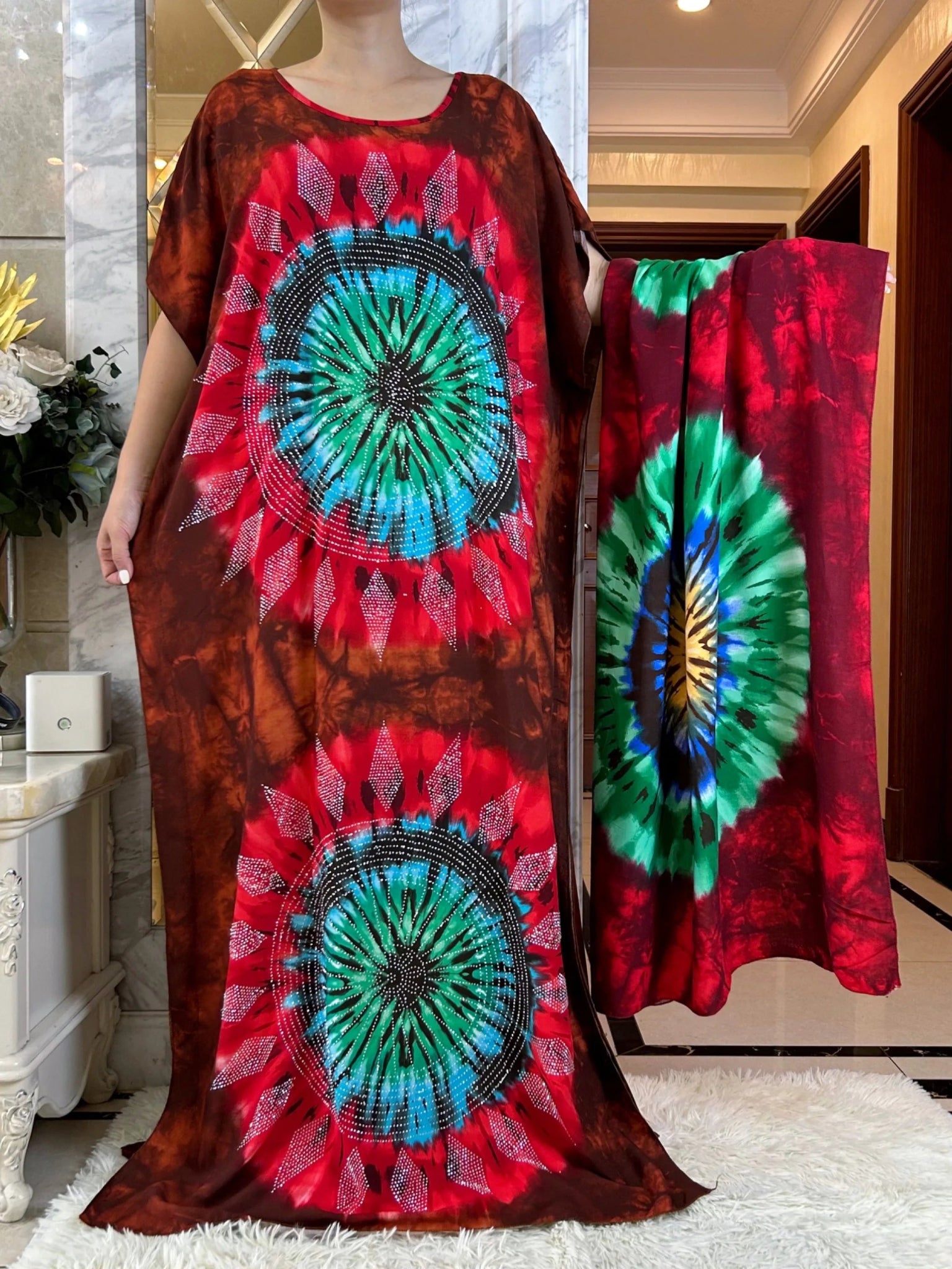 African Summer Abaya Dress: Short Sleeve Dashiki Design with Oversized Floral Scarf - Flexi Africa - Flexi Africa offers Free Delivery Worldwide - Vibrant African traditional clothing showcasing bold prints and intricate designs