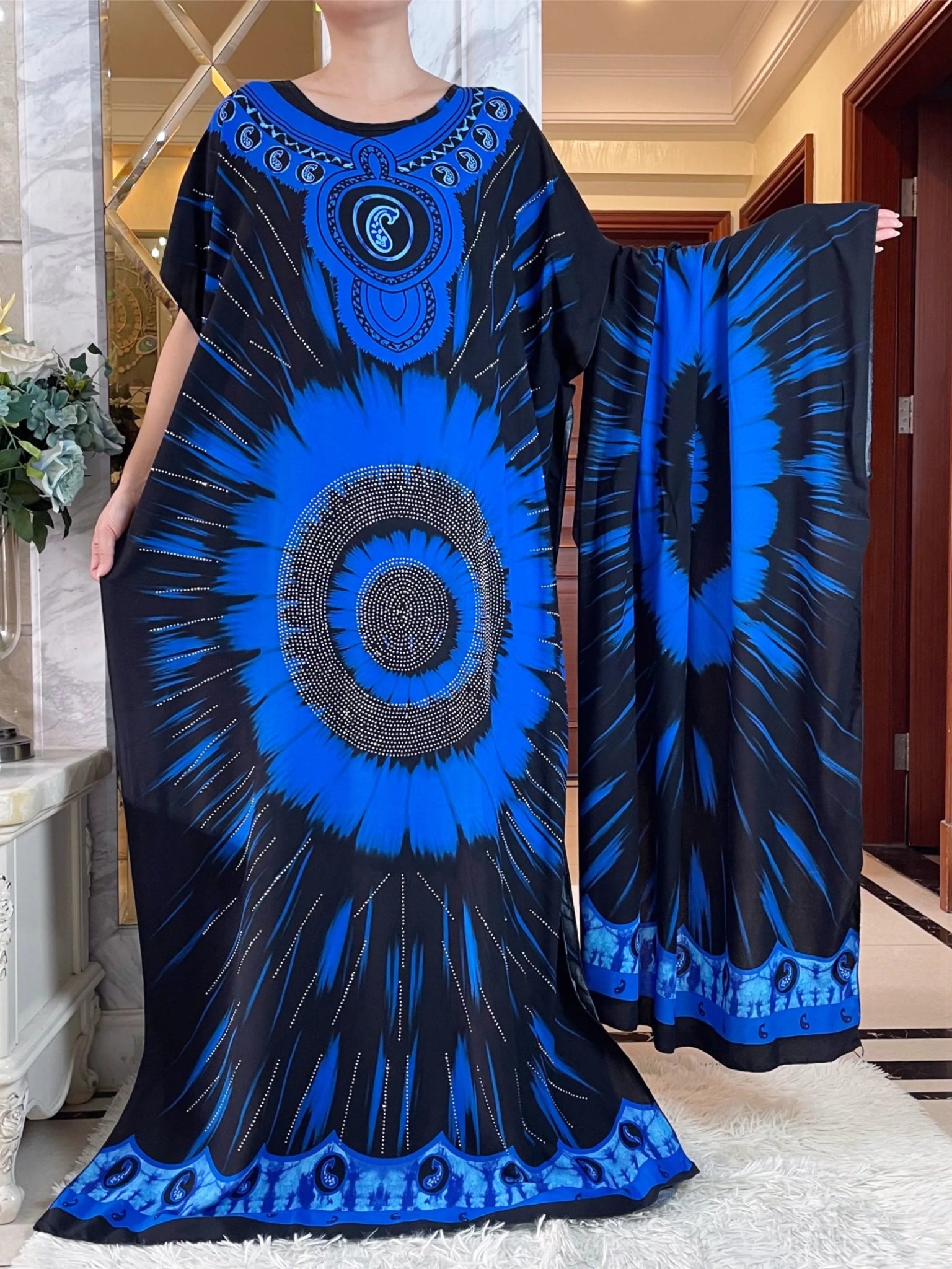 African Summer Abaya Dress: Short Sleeve Dashiki Design with Oversized Floral Scarf - Flexi Africa - Flexi Africa offers Free Delivery Worldwide - Vibrant African traditional clothing showcasing bold prints and intricate designs