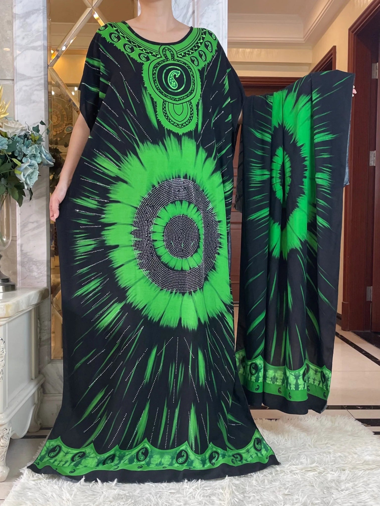 African Summer Abaya Dress: Short Sleeve Dashiki Design with Oversized Floral Scarf - Flexi Africa - Flexi Africa offers Free Delivery Worldwide - Vibrant African traditional clothing showcasing bold prints and intricate designs