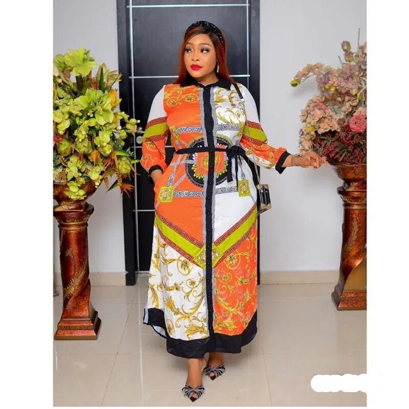 African Traditional Design Chiffon Shirt Collar Long Dress - Flexi Africa - Flexi Africa offers Free Delivery Worldwide - Vibrant African traditional clothing showcasing bold prints and intricate designs