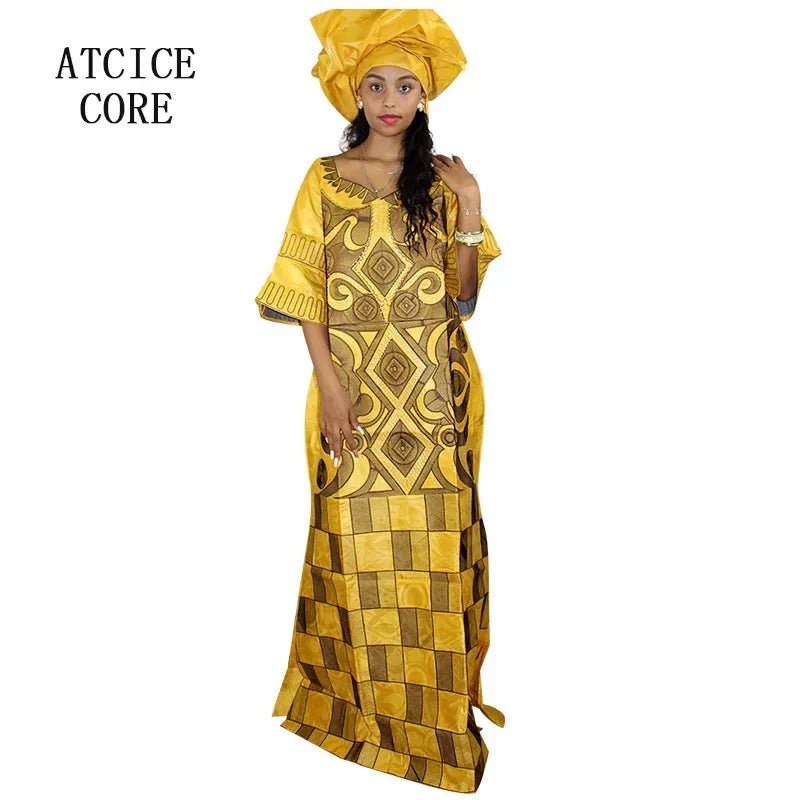 African Women's Bazin Riche Embroidered Plus - Size Long Dress with Matching Scarf - Free Delivery Worldwide only at Flexi Africa