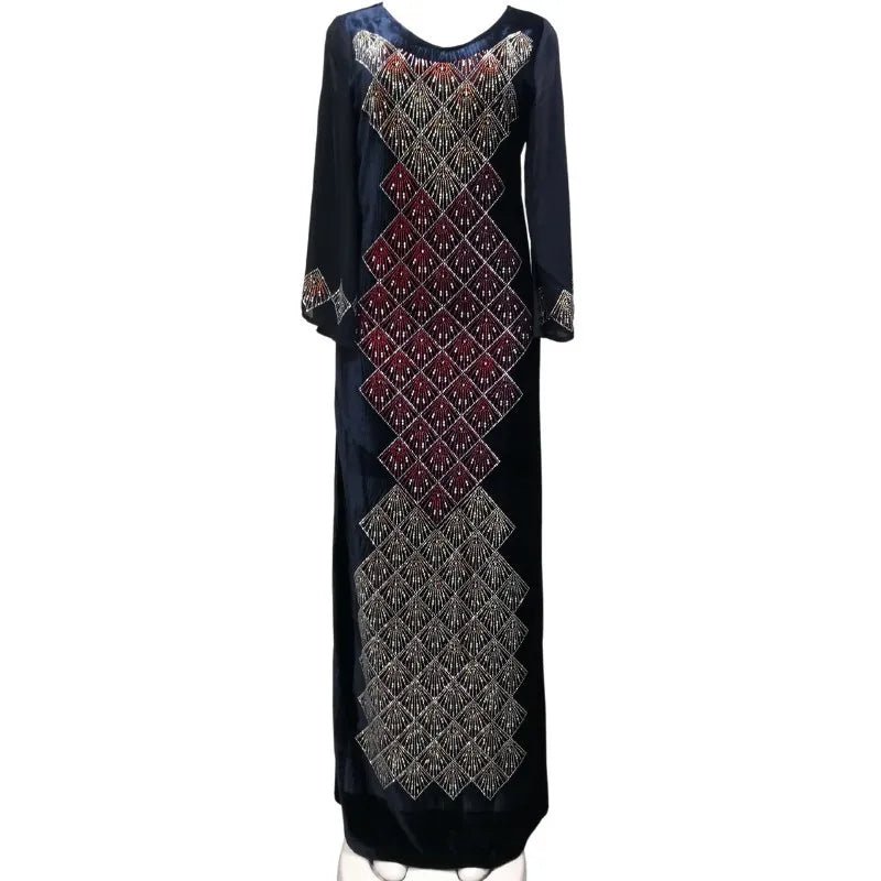 Autumn African-inspired Maxi Dress: Dashiki Abaya Style with Elegant Diamond Accents - Flexi Africa - Flexi Africa offers Free Delivery Worldwide - Vibrant African traditional clothing showcasing bold prints and intricate designs