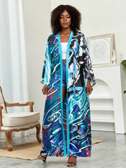 Boho Chic: Plus Size Lotus Print Kimono Cover Up with Open Front and Belt - Free Delivery Worldwide only at Flexi Africa