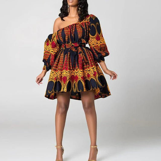 Chic Dashiki: Off - Shoulder Mini Dress with Tribal Flair – Elevate Your African Fashion - Free Delivery Worldwide only at Flexi Africa