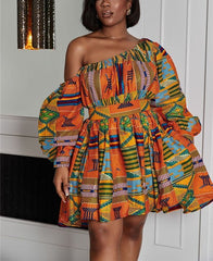 Chic Dashiki: Off-Shoulder Mini Dress with Tribal Flair – Elevate Your African Fashion - Free Delivery Worldwide