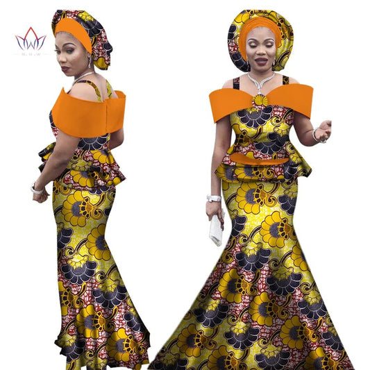 Dashiki Bazin Print Women's Set: Strap Top and Long Skirt with Headtie - Complete African Outfit Ensemble - Flexi Africa