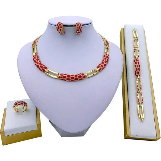 Elegant African Jewelry Sets: Classic Red Enamel Bridal Wedding Necklace, Bracelet, Earrings, and Rings - Free Delivery Worldwide only at Flexi Africa