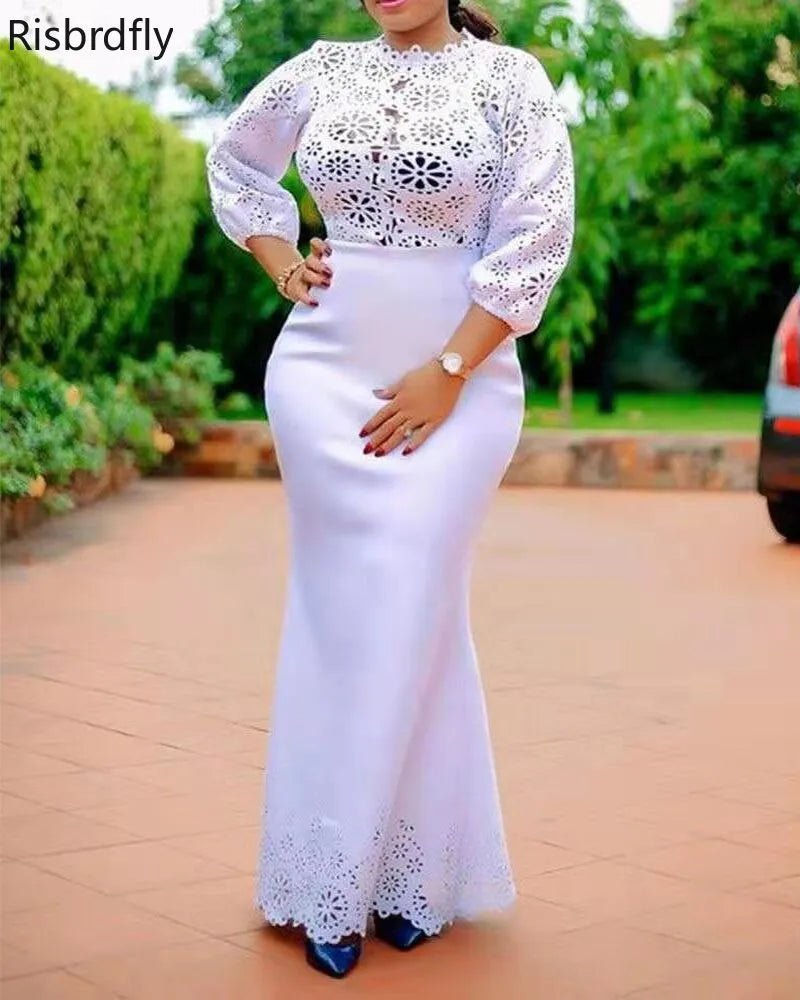 Elegant African Long Sleeve White Dresses: Plus Size Grace and Style - Flexi Africa - Flexi Africa offers Free Delivery Worldwide - Vibrant African traditional clothing showcasing bold prints and intricate designs