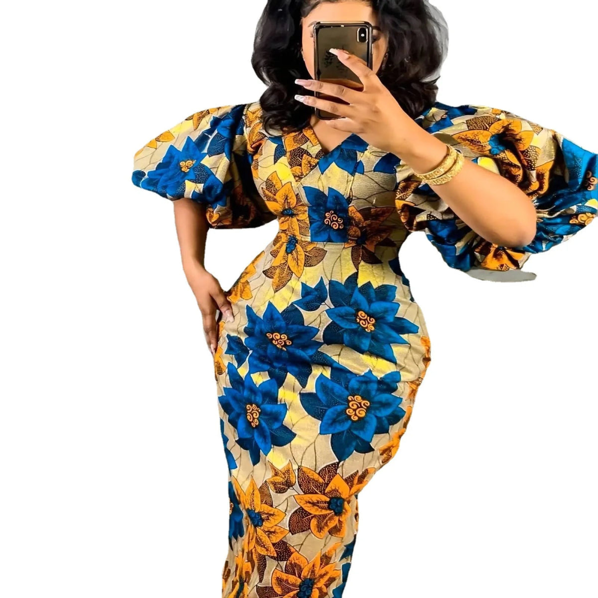 Elegant African Print Dresses for Women - V - Neck, Short Lantern Sleeve, High Waist Party and Wedding Gowns - Free Delivery Worldwide only at Flexi Africa