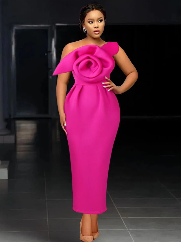 Elegant African Women’s Party Dress - Slim Bodycon One - Shoulder with Big Flower, Perfect for Events, Christmas, Birthdays, and Wedding Guests - Free Delivery Worldwide only at Flexi Africa