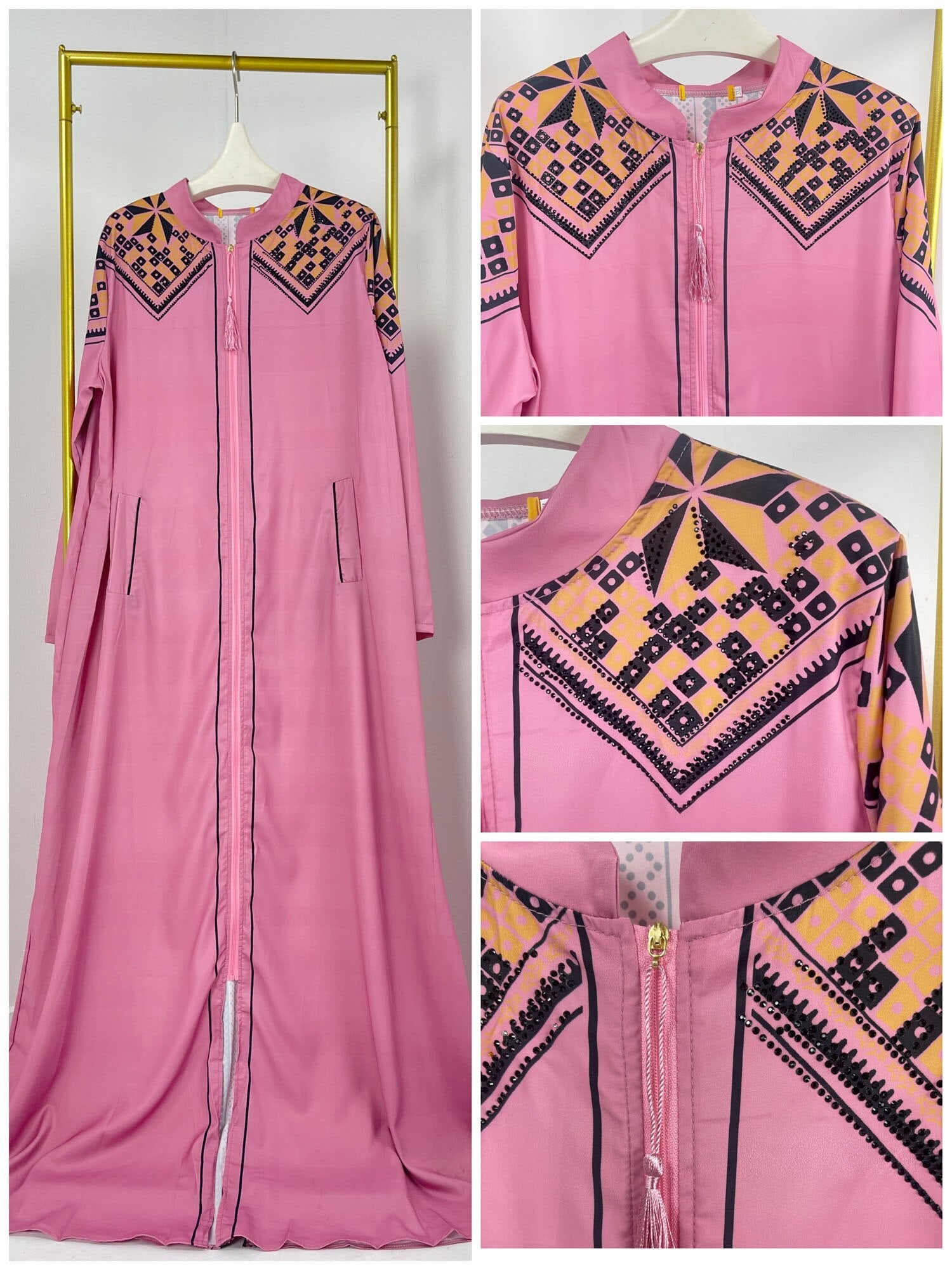 Elegant Allure: Sophisticated Chiffon Robe with Unique Diamond Print, Stylish Collar, and Decorative Tassel Zip Detail - Flexi Africa - Flexi Africa offers Free Delivery Worldwide - Vibrant African traditional clothing showcasing bold prints and intricate designs