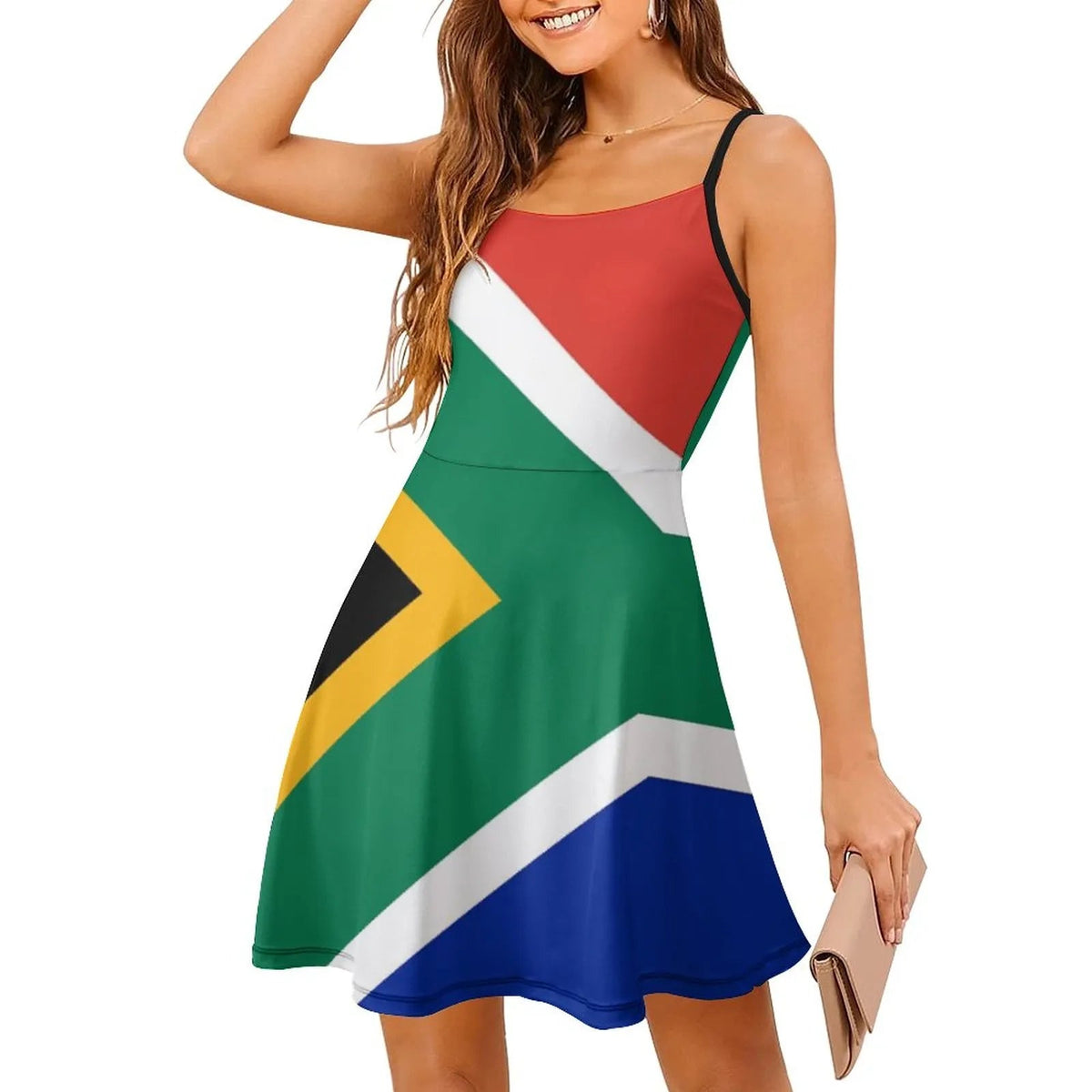 Elegant and Exotic Gown Inspired by South African Flag: A Unique Suspender Dress Blending Modern Styles - Flexi Africa - Flexi Africa offers Free Delivery Worldwide - Vibrant African traditional clothing showcasing bold prints and intricate designs