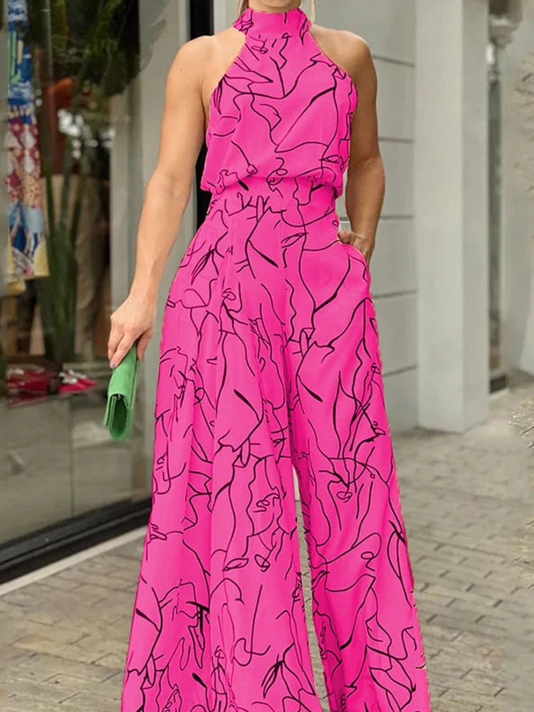 Elegant Halter Neck Jumpsuit: Casual Printed Design with Sleeveless Tie, Wide Leg Pants - Flexi Africa - Free Delivery Worldwide only at www.flexiafrica.com