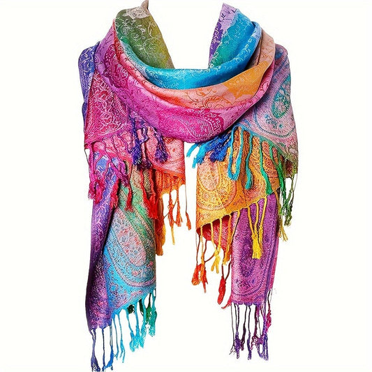 Elegant Jacquard Satin Paisley Scarf: Boho Rainbow Gradient Tassel Shawl - Trendy Windproof Warm Wrap - Free Delivery Worldwide only at Flexi Africa