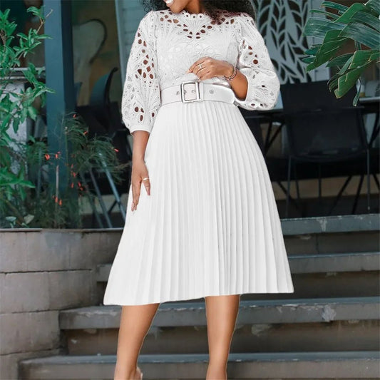 Elegant Summer Women's Lace Dress - Round Neck, 3/4 Sleeves, Belted, Pleated, and Sexy Hollow Design for Evenings - Free Delivery Worldwide only at Flexi Africa