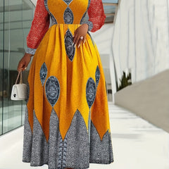 Elegant V - Neck Fit and Flare Maxi Dress with Pockets - Long Sleeve Printed Spandex Blend Dress - Free Delivery Worldwide only at Flexi Africa