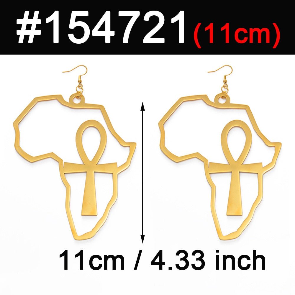 Exaggerated Elegance: African Map Big Ankh Earrings with Traditional Ethnic Style and Symbolism - Free Delivery Worldwide