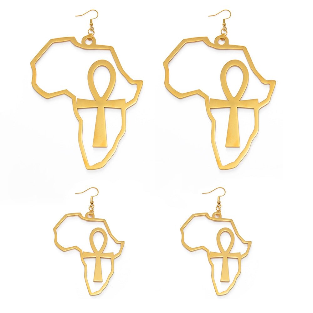 Exaggerated Elegance: African Map Big Ankh Earrings with Traditional Ethnic Style and Symbolism - Free Delivery Worldwide