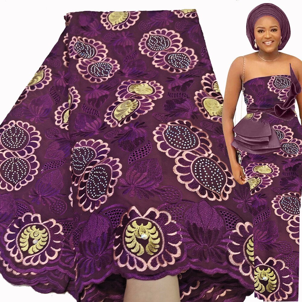 Exquisite Nigerian Party Stone Embroidery Gown: Fashion's 100% Cotton Voile Lace Fabric 2.5 Yards - Flexi Africa