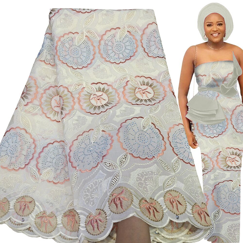 Exquisite Nigerian Party Stone Embroidery Gown: Fashion's 100% Cotton Voile Lace Fabric 2.5 Yards - Flexi Africa