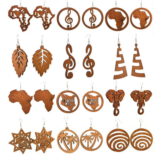 Fashion Laser-Cut Wooden African Map Drop Earrings: Traditional Ethnic Pendant Dangle Jewelry for Women - Flexi Africa