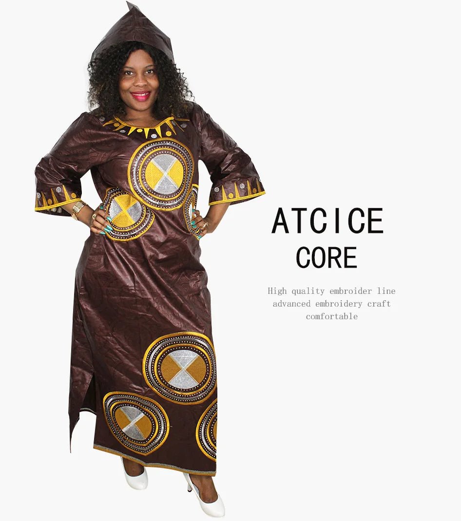 Fashionable African Dresses for Women: Bazin Riche Embroidery Long Dress with Matching Scarf - Free Delivery Worldwide only at Flexi Africa