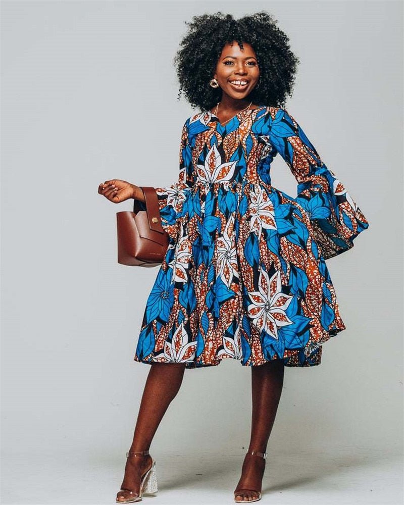 Floral Print African Mini Dress for Women: Sexy V-Neck Dashiki Summer Clothing for Casual Parties and Events - Flexi Africa - Flexi Africa offers Free Delivery Worldwide - Vibrant African traditional clothing showcasing bold prints and intricate designs