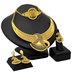 Gold-Plated Jewelry Set: Exquisite 24K Gold-Colored Necklace and Earrings for African Bridal Wear at Nigerian Wedding