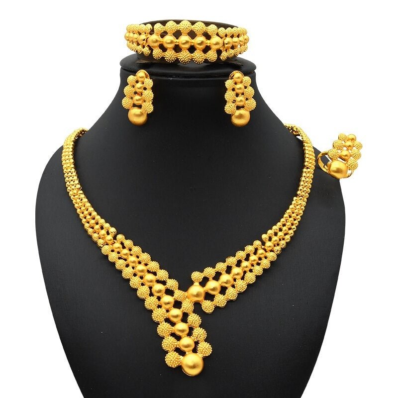 Gold Plated Wedding Jewelry Set - Complete African Chokers Necklace, Earrings, and Rings Fashion Bridal Jewellery Set - Flexi Africa - Flexi Africa offers Free Delivery Worldwide - Vibrant African traditional clothing showcasing bold prints and intricate designs