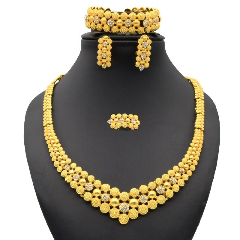 Gold Plated Wedding Jewelry Set - Complete African Chokers Necklace, Earrings, and Rings Fashion Bridal Jewellery Set - Free Delivery Worldwide only at Flexi Africa