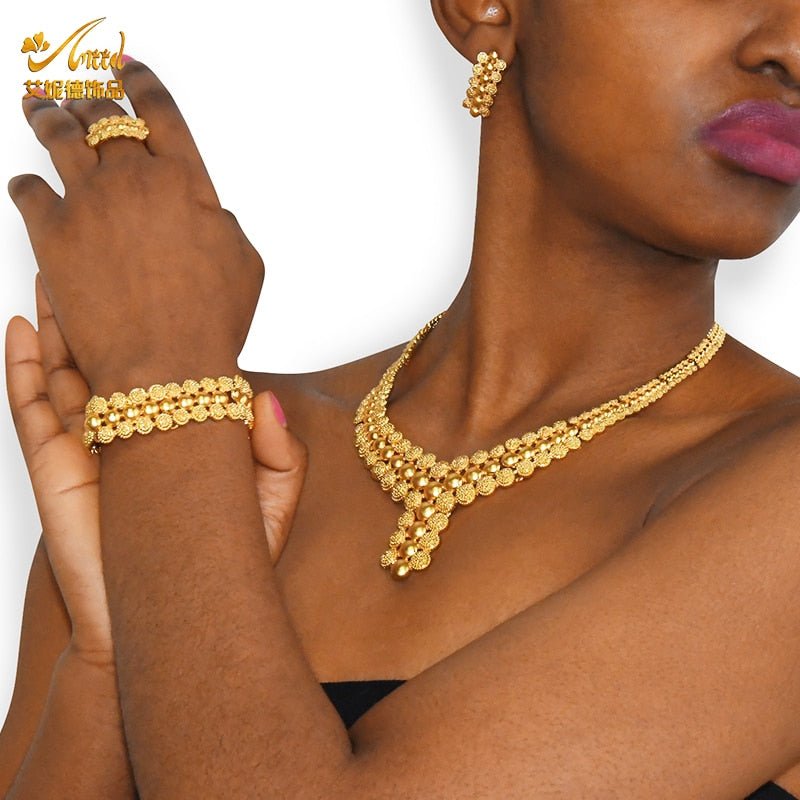 Gold Plated Wedding Jewelry Set - Complete African Chokers Necklace, Earrings, and Rings Fashion Bridal Jewellery Set - Free Delivery Worldwide only at Flexi Africa