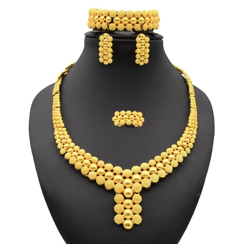 Gold Plated Wedding Jewelry Set - Complete African Chokers Necklace, Earrings, and Rings Fashion Bridal Jewellery Set - Free Delivery Worldwide only at Flexi Africa