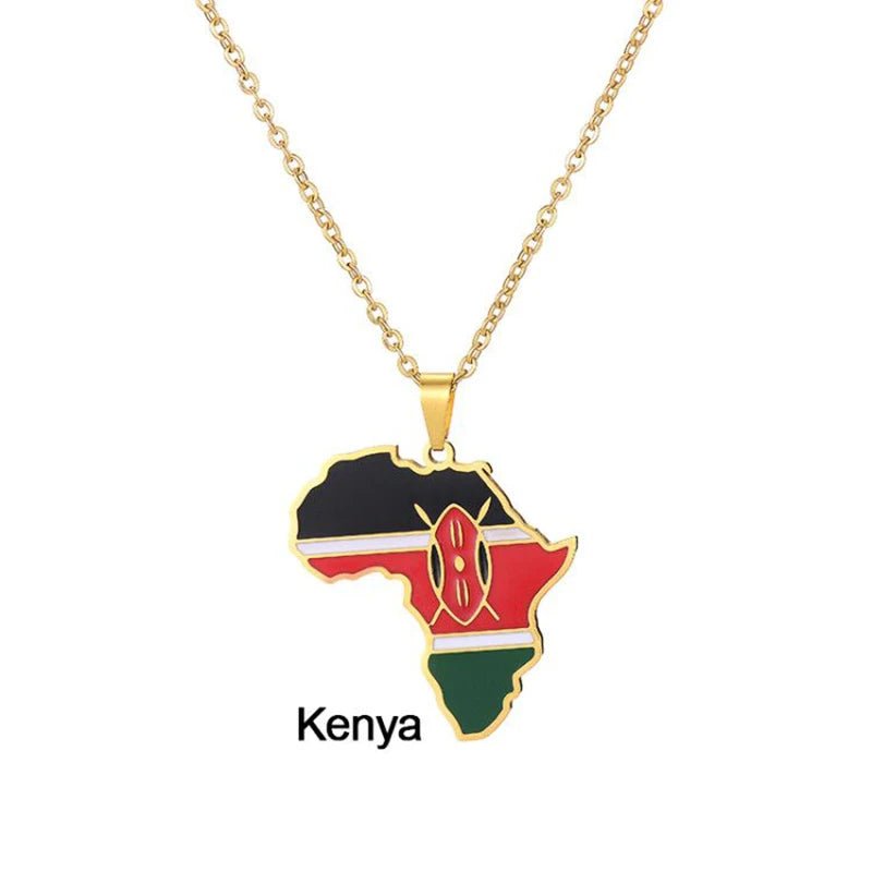 Gold Stainless Steel Africa Map Flag Pendant Necklace African Countries - Flexi Africa - Flexi Africa offers Free Delivery Worldwide - Vibrant African traditional clothing showcasing bold prints and intricate designs