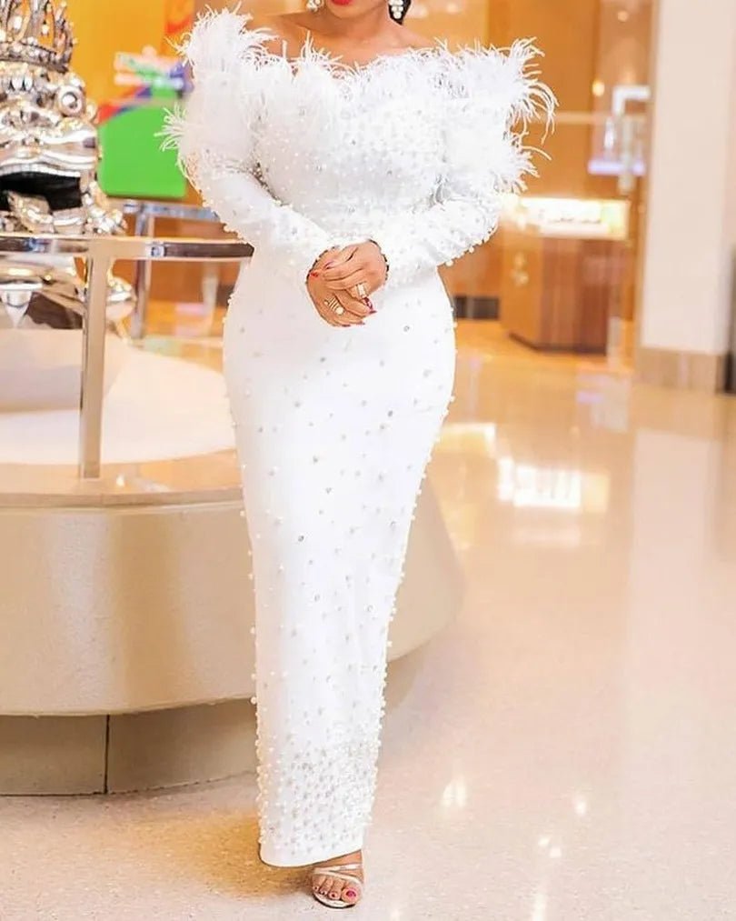 Graceful African Long Sleeve White Dresses: Perfect for Spring and Autumn - Flexi Africa - Flexi Africa offers Free Delivery Worldwide - Vibrant African traditional clothing showcasing bold prints and intricate designs