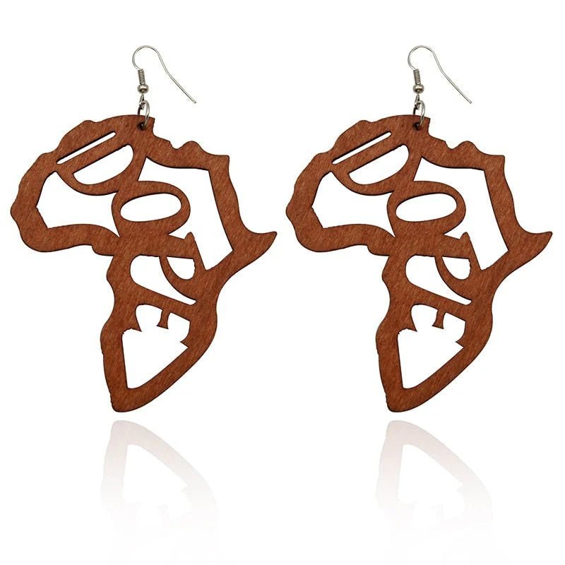 Laser Engraved Afro Wooden Drop Earrings African Motherland Map Ethnic Tribal Pattern Handmade Jewelry - Flexi Africa