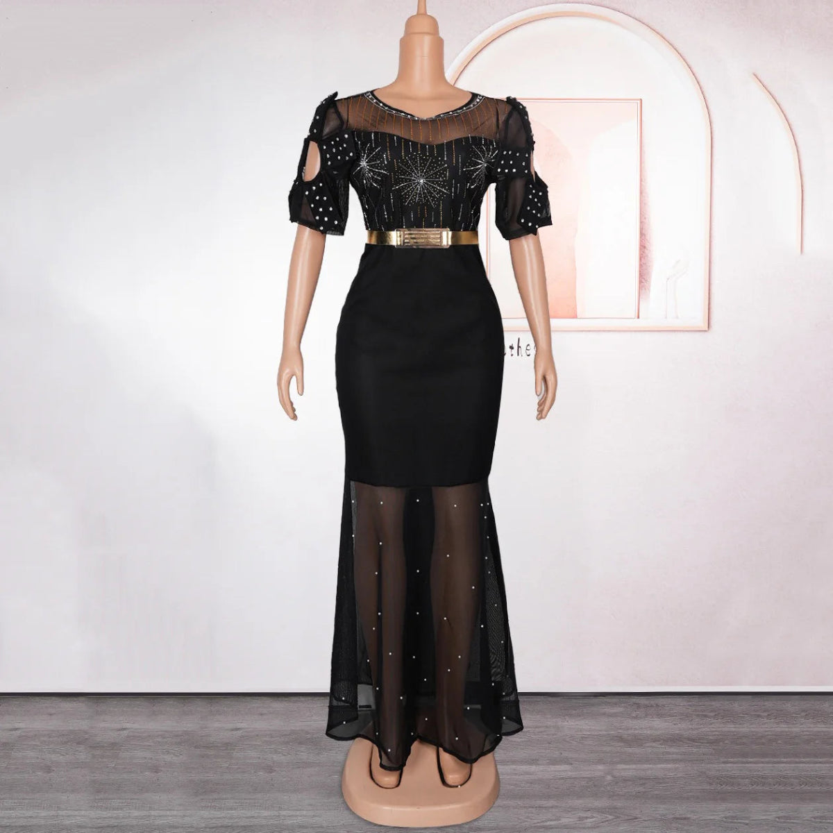 Luxury African Party Dress for Women: Elegant Diamond Cold Shoulder, Transparent Belt, Waisted Mermaid Floor - Length Dinner Night Gown - Free Delivery Worldwide only at Flexi Africa